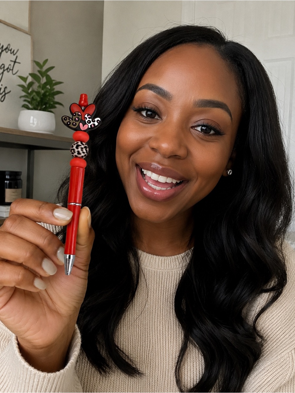 Heart Shape Red And Leopard Beaded Ballpoint Black Ink Pen
